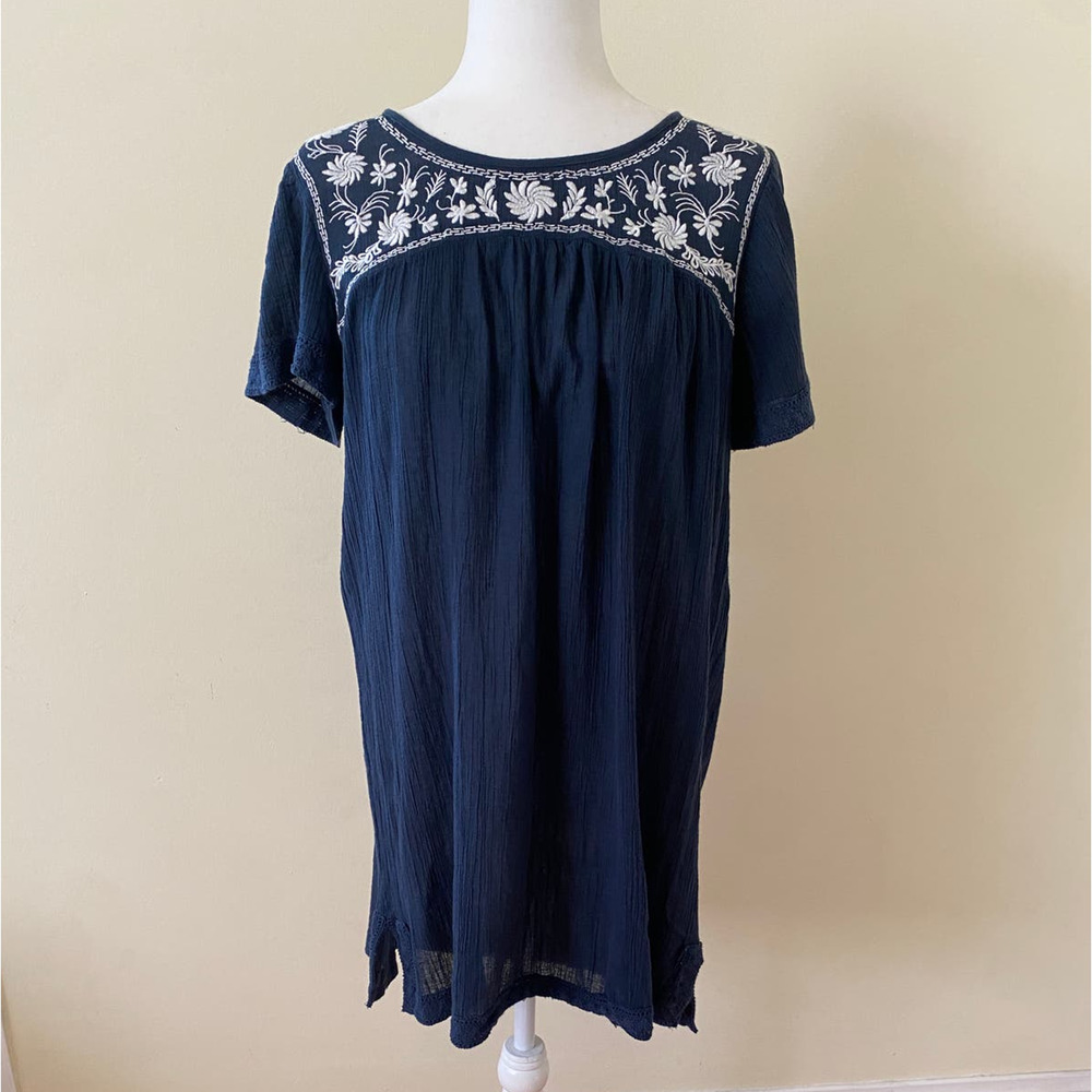 Garnet Hill Dress Tunic Cotton size small navy blue embroidered boho lightweight